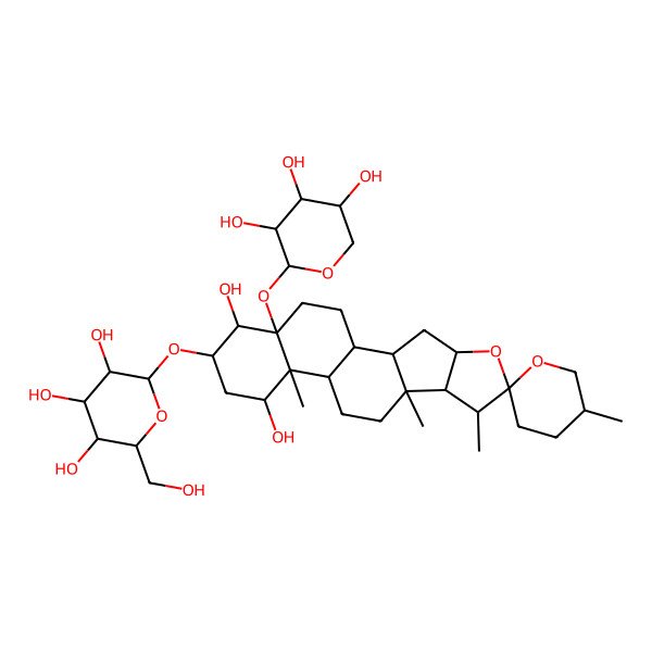 2D Structure of (2R,3R,4S,5S,6R)-2-[(14R,16S,17S)-14,17-dihydroxy-5',7,9,13-tetramethyl-18-[(2R,3R,4S,5S)-3,4,5-trihydroxyoxan-2-yl]oxyspiro[5-oxapentacyclo[10.8.0.02,9.04,8.013,18]icosane-6,2'-oxane]-16-yl]oxy-6-(hydroxymethyl)oxane-3,4,5-triol