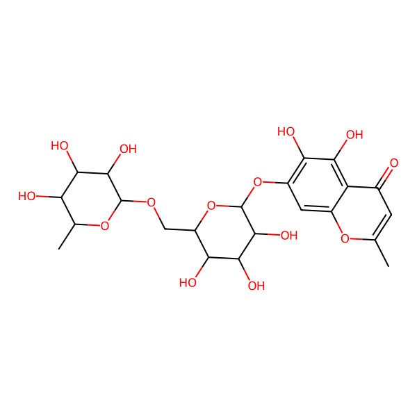 2D Structure of 5,6-dihydroxy-2-methyl-7-[(2S,3R,4S,5S,6R)-3,4,5-trihydroxy-6-[[(2R,3R,4R,5R,6S)-3,4,5-trihydroxy-6-methyloxan-2-yl]oxymethyl]oxan-2-yl]oxychromen-4-one