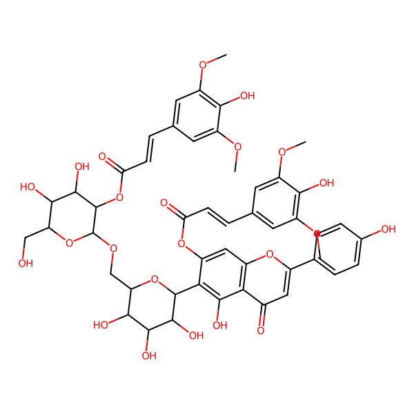 2D Structure of 2-(4-Hydroxyphenyl)-5-hydroxy-6-[6-O-[2-O-(3,5-dimethoxy-4-hydroxycinnamoyl)-beta-D-glucopyranosyl]-beta-D-glucopyranosyl]-7-(3,5-dimethoxy-4-hydroxycinnamoyloxy)-4H-1-benzopyran-4-one