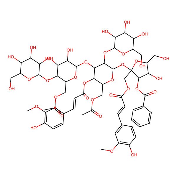 2D Structure of [(2S,3S,4R,5R)-2-[(2R,3R,4S,5R,6R)-6-(acetyloxymethyl)-4-[(2R,3R,4R,5S,6R)-6-(acetyloxymethyl)-3,4-dihydroxy-5-[(2S,3R,4S,5S,6R)-3,4,5-trihydroxy-6-(hydroxymethyl)oxan-2-yl]oxyoxan-2-yl]oxy-5-[(E)-3-(4-hydroxy-3-methoxyphenyl)prop-2-enoyl]oxy-3-[(2S,3R,4S,5S,6R)-3,4,5-trihydroxy-6-(hydroxymethyl)oxan-2-yl]oxyoxan-2-yl]oxy-4-hydroxy-2-[[(E)-3-(4-hydroxy-3-methoxyphenyl)prop-2-enoyl]oxymethyl]-5-(hydroxymethyl)oxolan-3-yl] benzoate