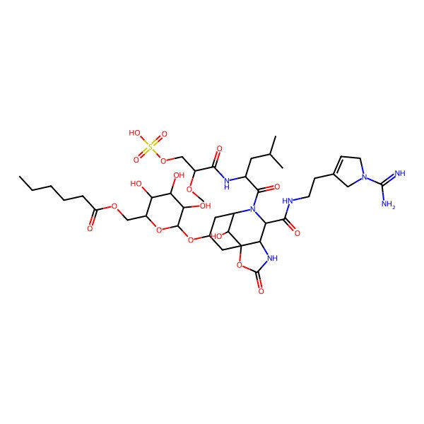 2D Structure of [(2R,3S,4S,5R,6S)-6-[[(1S,5S,6R,8R,10R,12S)-6-[2-(1-carbamimidoyl-2,5-dihydropyrrol-3-yl)ethylcarbamoyl]-12-hydroxy-7-[(2R)-2-[[(2S)-2-methoxy-3-sulfooxypropanoyl]amino]-4-methylpentanoyl]-3-oxo-2-oxa-4,7-diazatricyclo[6.3.1.01,5]dodecan-10-yl]oxy]-3,4,5-trihydroxyoxan-2-yl]methyl hexanoate