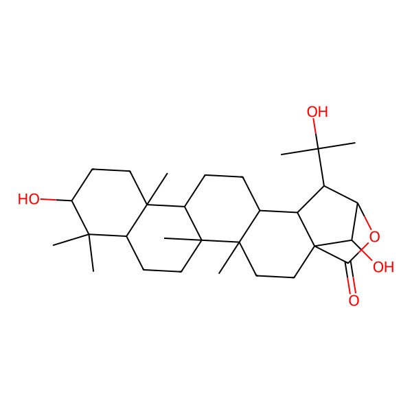 2D Structure of (1S,4R,5R,8R,10S,13R,14R,17R,18S,19S,20R,23S)-10,23-dihydroxy-19-(2-hydroxypropan-2-yl)-4,5,9,9,13-pentamethyl-21-oxahexacyclo[18.2.1.01,18.04,17.05,14.08,13]tricosan-22-one