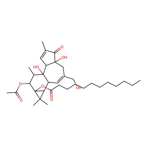 2D Structure of Dodecanoic acid, (1aR,1bS,4aR,7aS,7bS,8R,9R,9aS)-9-(acetyloxy)-1,1a,1b,4,4a,5,7a,7b,8,9-decahydro-4a,7b-dihydroxy-3-(hydroxymethyl)-1,1,6,8-tetramethyl-5-oxo-9aH-cyclopropa[3,4]benz[1,2-e]azulen-9a-yl ester