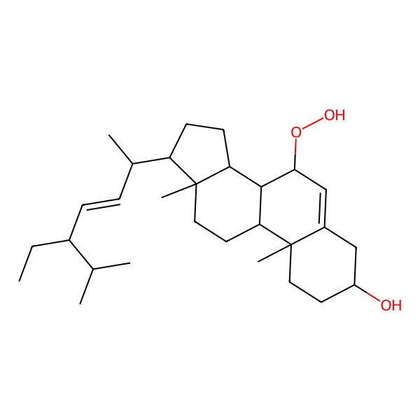 2D Structure of (3S,7S,8S,9S,10R,13R,14S,17R)-17-[(E,2R,5S)-5-ethyl-6-methylhept-3-en-2-yl]-7-hydroperoxy-10,13-dimethyl-2,3,4,7,8,9,11,12,14,15,16,17-dodecahydro-1H-cyclopenta[a]phenanthren-3-ol