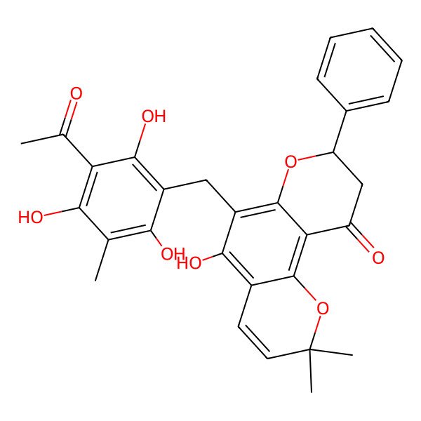 2D Structure of 6-[(3-Acetyl-2,4,6-trihydroxy-5-methylphenyl)methyl]-5-hydroxy-2,2-dimethyl-8-phenyl-8,9-dihydropyrano[2,3-f]chromen-10-one