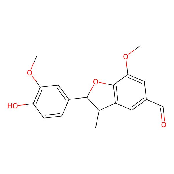 2D Structure of 5-Benzofurancarboxaldehyde, 2,3-dihydro-2-(4-hydroxy-3-methoxyphenyl)-7-methoxy-3-methyl-, trans-