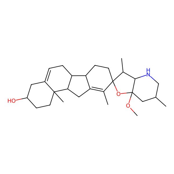 2D Structure of (3S,3'R,3'aS,6'S,6aS,6bS,7'aR,9R,11aS,11bR)-7'a-methoxy-3',6',10,11b-tetramethylspiro[2,3,4,6,6a,6b,7,8,11,11a-decahydro-1H-benzo[a]fluorene-9,2'-3,3a,4,5,6,7-hexahydrofuro[3,2-b]pyridine]-3-ol