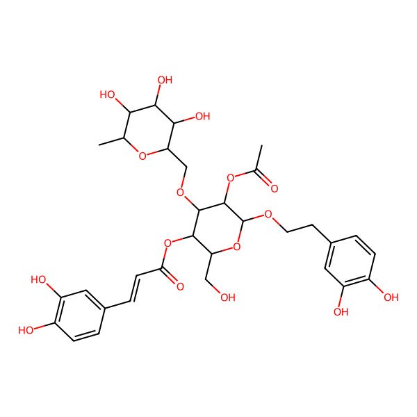 2D Structure of [(2R,3R,4S,5R,6R)-5-acetyloxy-6-[2-(3,4-dihydroxyphenyl)ethoxy]-2-(hydroxymethyl)-4-[[(2S,3R,4R,5R,6S)-3,4,5-trihydroxy-6-methyloxan-2-yl]methoxy]oxan-3-yl] (E)-3-(3,4-dihydroxyphenyl)prop-2-enoate