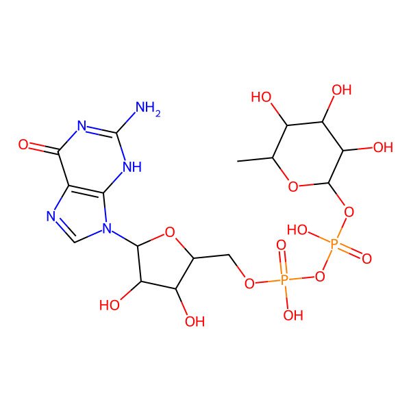 2D Structure of [[(2R,3S,4R,5R)-5-(2-amino-6-oxo-3H-purin-9-yl)-3,4-dihydroxyoxolan-2-yl]methoxy-hydroxyphosphoryl] [(2R,3S,4R,5S,6S)-3,4,5-trihydroxy-6-methyloxan-2-yl] hydrogen phosphate