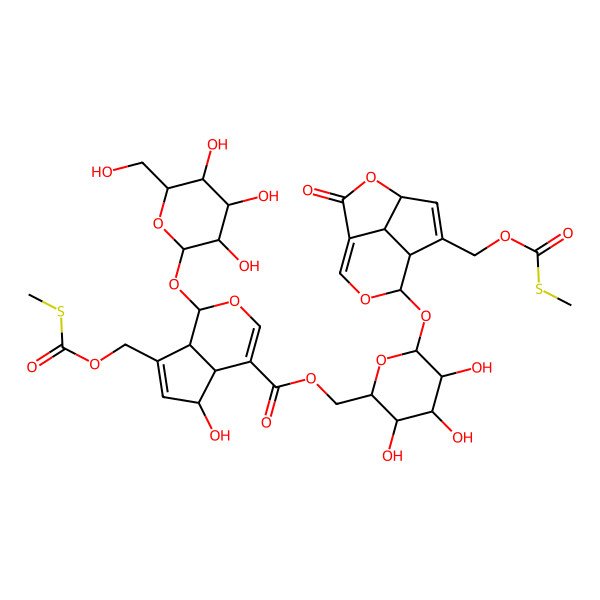 2D Structure of [(2R,3S,4S,5R,6S)-3,4,5-trihydroxy-6-[[(4S,7S,8S,11S)-6-(methylsulfanylcarbonyloxymethyl)-2-oxo-3,9-dioxatricyclo[5.3.1.04,11]undeca-1(10),5-dien-8-yl]oxy]oxan-2-yl]methyl (1S,4aS,5S,7aS)-5-hydroxy-7-(methylsulfanylcarbonyloxymethyl)-1-[(2S,3R,4S,5S,6R)-3,4,5-trihydroxy-6-(hydroxymethyl)oxan-2-yl]oxy-1,4a,5,7a-tetrahydrocyclopenta[c]pyran-4-carboxylate