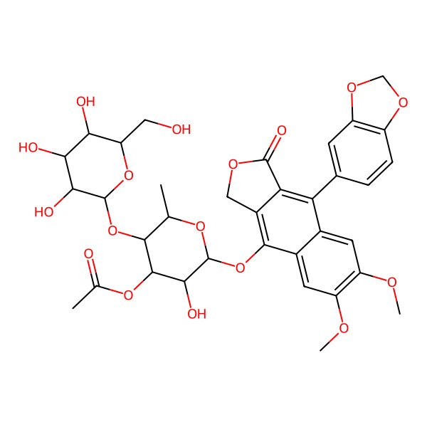 2D Structure of [(2S,3R,4R,5R,6R)-2-[[9-(1,3-benzodioxol-5-yl)-6,7-dimethoxy-1-oxo-3H-benzo[f][2]benzofuran-4-yl]oxy]-3-hydroxy-6-methyl-5-[(2S,3R,4S,5S,6R)-3,4,5-trihydroxy-6-(hydroxymethyl)oxan-2-yl]oxyoxan-4-yl] acetate