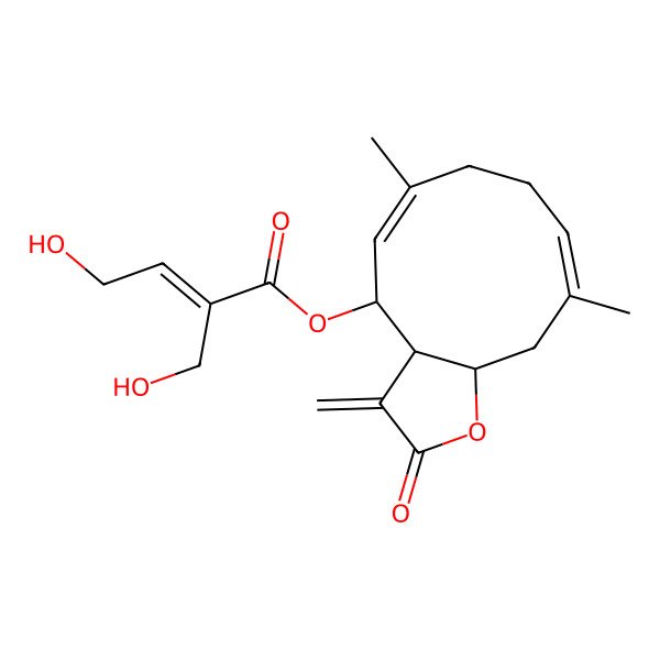 2D Structure of Germacra-1(10),4,11(13)-trien-12-oic acid, 6-beta,8-alpha-dihydroxy-, 12,6-lactone,4-hydroxy-2-(hydroxymethyl)crotonate