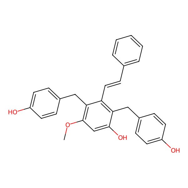 2D Structure of 2,4-bis[(4-hydroxyphenyl)methyl]-5-methoxy-3-[(E)-2-phenylethenyl]phenol