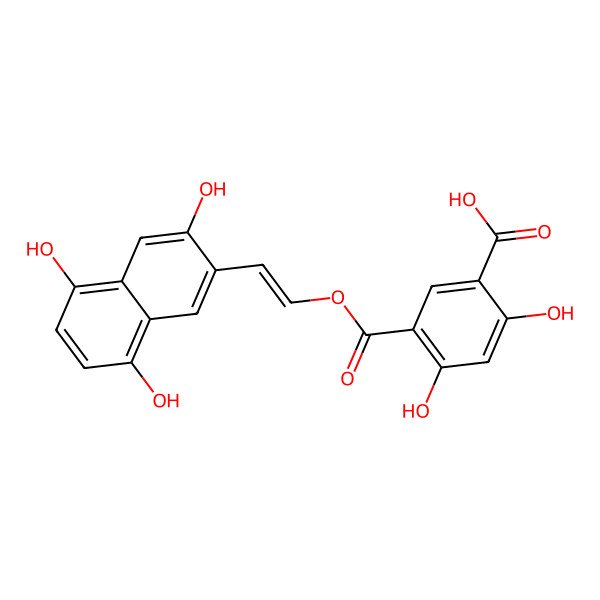 2D Structure of 2,4-dihydroxy-5-[(E)-2-(3,5,8-trihydroxynaphthalen-2-yl)ethenoxy]carbonylbenzoic acid