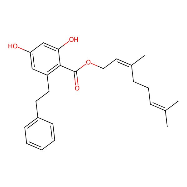 2D Structure of 2,4-Dihydroxy-6-phenethylbenzoic acid (2E)-3,7-dimethyl-2,6-octadienyl ester