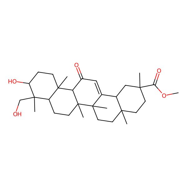 2D Structure of methyl (2S,4aS,6aR,6aS,6bR,8aR,9S,10S,12aS,14bR)-10-hydroxy-9-(hydroxymethyl)-2,4a,6a,6b,9,12a-hexamethyl-13-oxo-3,4,5,6,6a,7,8,8a,10,11,12,14b-dodecahydro-1H-picene-2-carboxylate