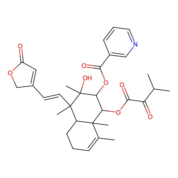 2D Structure of [(1R,2S,3R,4R,4aS,8aR)-3-hydroxy-3,4,8,8a-tetramethyl-1-(3-methyl-2-oxobutanoyl)oxy-4-[(E)-2-(5-oxo-2H-furan-3-yl)ethenyl]-2,4a,5,6-tetrahydro-1H-naphthalen-2-yl] pyridine-3-carboxylate