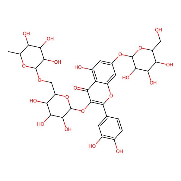 2D Structure of 2-(3,4-dihydroxyphenyl)-5-hydroxy-7-[(2S,4S,5S)-3,4,5-trihydroxy-6-(hydroxymethyl)oxan-2-yl]oxy-3-[(2S,5S)-3,4,5-trihydroxy-6-[[(2R,4S,5R)-3,4,5-trihydroxy-6-methyloxan-2-yl]oxymethyl]oxan-2-yl]oxychromen-4-one
