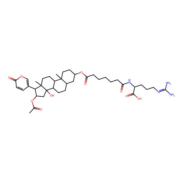 2D Structure of (2S)-2-[[7-[[(3S,5R,8R,9S,10S,13R,14S,16S,17R)-16-acetyloxy-14-hydroxy-10,13-dimethyl-17-(6-oxopyran-3-yl)-1,2,3,4,5,6,7,8,9,11,12,15,16,17-tetradecahydrocyclopenta[a]phenanthren-3-yl]oxy]-7-oxoheptanoyl]amino]-5-(diaminomethylideneamino)pentanoic acid