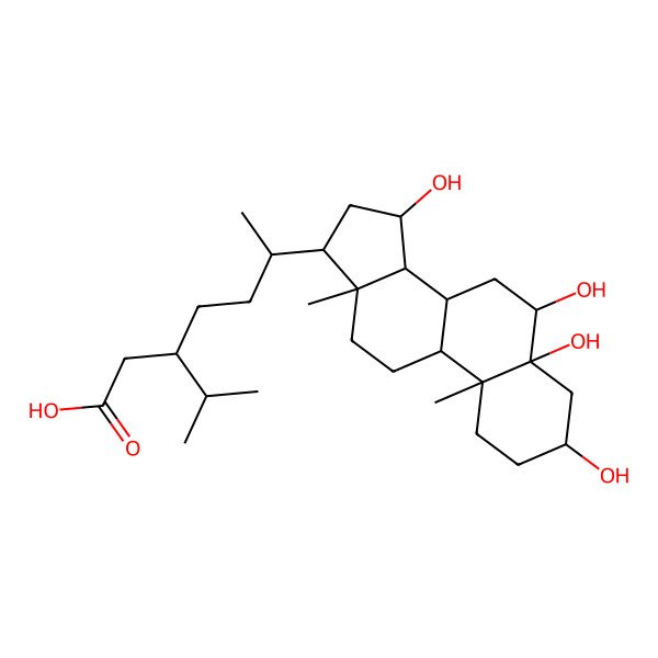 2D Structure of (3R,6R)-3-propan-2-yl-6-[(3S,5R,6R,8R,9S,10R,13R,14S,15S,17R)-3,5,6,15-tetrahydroxy-10,13-dimethyl-1,2,3,4,6,7,8,9,11,12,14,15,16,17-tetradecahydrocyclopenta[a]phenanthren-17-yl]heptanoic acid