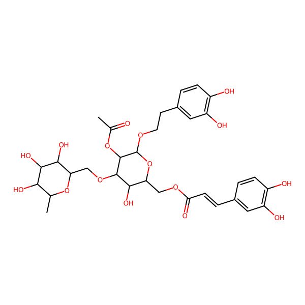 2D Structure of [(2R,3R,4S,5R,6R)-5-acetyloxy-6-[2-(3,4-dihydroxyphenyl)ethoxy]-3-hydroxy-4-[[(2S,3R,4R,5R,6S)-3,4,5-trihydroxy-6-methyloxan-2-yl]methoxy]oxan-2-yl]methyl (E)-3-(3,4-dihydroxyphenyl)prop-2-enoate