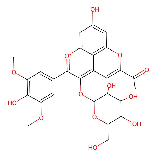 2D Structure of 1-[11-hydroxy-7-(4-hydroxy-3,5-dimethoxyphenyl)-6-[(2S,3R,4S,5S,6R)-3,4,5-trihydroxy-6-(hydroxymethyl)oxan-2-yl]oxy-2-oxa-8-oxoniatricyclo[7.3.1.05,13]trideca-1(12),3,5,7,9(13),10-hexaen-3-yl]ethanone