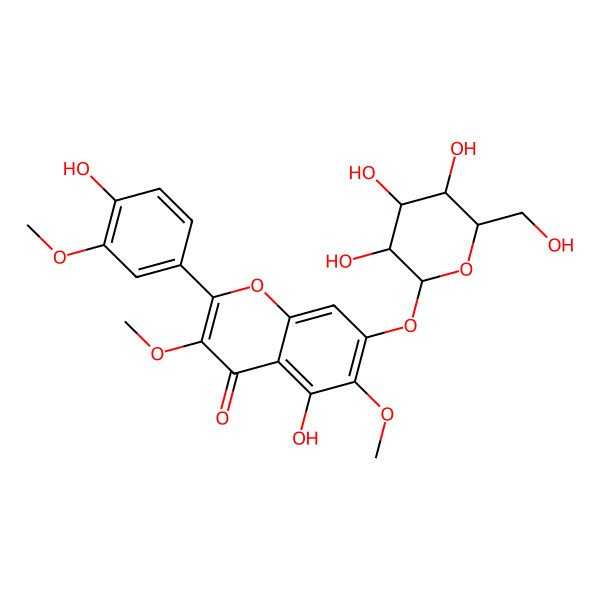 2D Structure of 5-hydroxy-2-(4-hydroxy-3-methoxyphenyl)-3,6-dimethoxy-7-[(2S,3R,4S,5S,6R)-3,4,5-trihydroxy-6-(hydroxymethyl)oxan-2-yl]oxychromen-4-one