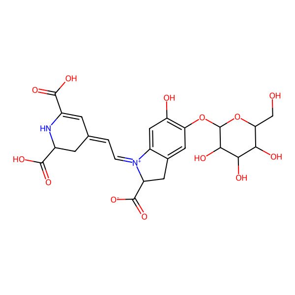 2D Structure of (2S)-1-[(2E)-2-[(2S)-2,6-dicarboxy-2,3-dihydro-1H-pyridin-4-ylidene]ethylidene]-6-hydroxy-5-[(2S,3R,4S,5S,6R)-3,4,5-trihydroxy-6-(hydroxymethyl)tetrahydropyran-2-yl]oxy-indolin-1-ium-2-carboxylate