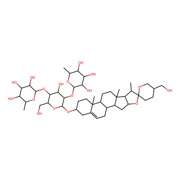 2D Structure of (2S,3R,4R,5R,6S)-2-[(2R,3S,4S,5R,6R)-4-hydroxy-2-(hydroxymethyl)-6-[(1S,2S,4S,5'S,6R,7S,8R,9S,12S,13R,16S)-5'-(hydroxymethyl)-7,9,13-trimethylspiro[5-oxapentacyclo[10.8.0.02,9.04,8.013,18]icos-18-ene-6,2'-oxane]-16-yl]oxy-5-[(2S,3R,4R,5R,6S)-3,4,5-trihydroxy-6-methyloxan-2-yl]oxyoxan-3-yl]oxy-6-methyloxane-3,4,5-triol