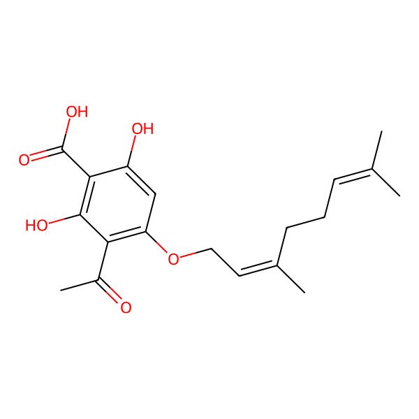 2D Structure of 3-acetyl-4-[(2E)-3,7-dimethylocta-2,6-dienoxy]-2,6-dihydroxybenzoic acid