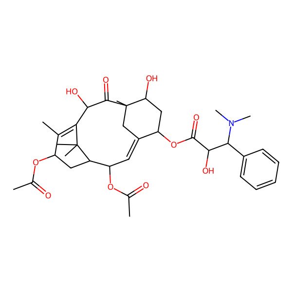 2D Structure of 2,13-Bis(acetyloxy)-7,10-dihydroxy-8,12,15,15-tetramethyl-9-oxotricyclo[9.3.1.1~4,8~]hexadeca-3,11-dien-5-yl 3-(dimethylamino)-2-hydroxy-3-phenylpropanoate