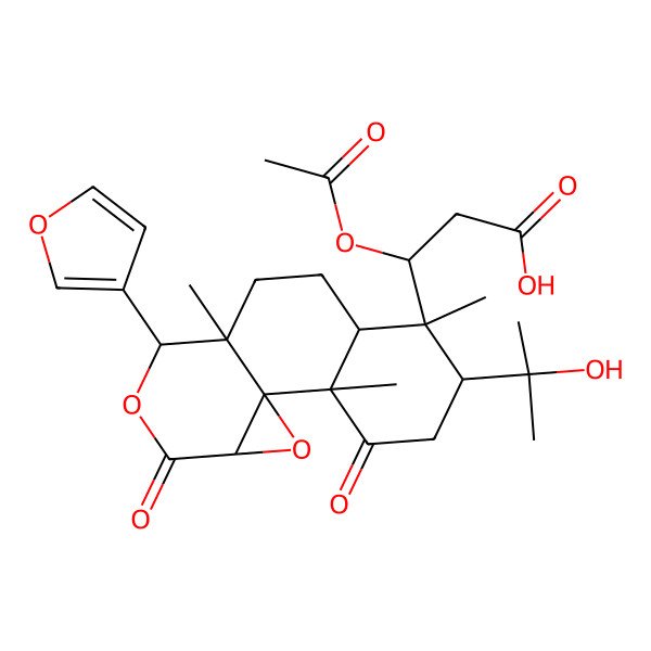 2D Structure of (3R)-3-acetyloxy-3-[(1R,2R,5R,6R,7R,10S,11R,14S)-11-(furan-3-yl)-5-(2-hydroxypropan-2-yl)-2,6,10-trimethyl-3,13-dioxo-12,15-dioxatetracyclo[8.5.0.01,14.02,7]pentadecan-6-yl]propanoic acid