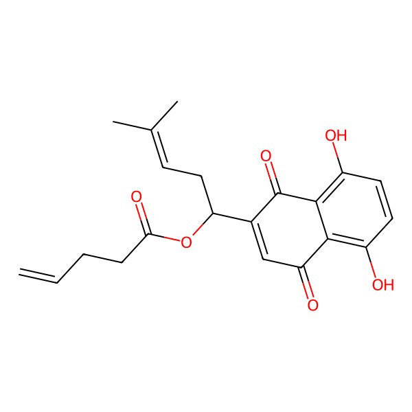 2D Structure of 4-Pentenoic acid (R)-1-[(1,4-dioxo-5,8-dihydroxy-1,4-dihydronaphthalen)-2-yl]-4-methyl-3-pentenyl ester