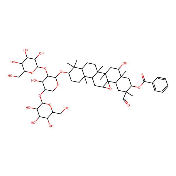 2D Structure of [21-Formyl-17-hydroxy-9-[4-hydroxy-3,5-bis[[3,4,5-trihydroxy-6-(hydroxymethyl)oxan-2-yl]oxy]oxan-2-yl]oxy-6,10,10,14,15,18,21-heptamethyl-2-oxahexacyclo[13.8.0.01,3.05,14.06,11.018,23]tricosan-20-yl] benzoate