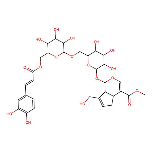 2D Structure of methyl (1S,4aS,7aS)-1-[(2S,3R,4S,5S,6R)-6-[[(2R,3R,4S,5S,6R)-6-[[(E)-3-(3,4-dihydroxyphenyl)prop-2-enoyl]oxymethyl]-3,4,5-trihydroxyoxan-2-yl]oxymethyl]-3,4,5-trihydroxyoxan-2-yl]oxy-7-(hydroxymethyl)-1,4a,5,7a-tetrahydrocyclopenta[c]pyran-4-carboxylate