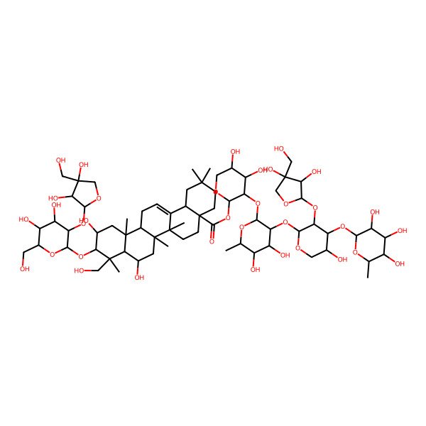 2D Structure of [(2S,3R,4S,5S)-3-[(2S,3R,4R,5R,6S)-3-[(2S,3R,4S,5R)-3-[(2S,3R,4R)-3,4-dihydroxy-4-(hydroxymethyl)oxolan-2-yl]oxy-5-hydroxy-4-[(2S,3R,4R,5R,6S)-3,4,5-trihydroxy-6-methyloxan-2-yl]oxyoxan-2-yl]oxy-4,5-dihydroxy-6-methyloxan-2-yl]oxy-4,5-dihydroxyoxan-2-yl] (4aS,6aR,6aS,6bR,8R,8aR,9R,10R,11S,12aR,14bS)-10-[(2R,3R,4S,5S,6R)-3-[(2S,3R,4R)-3,4-dihydroxy-4-(hydroxymethyl)oxolan-2-yl]oxy-4,5-dihydroxy-6-(hydroxymethyl)oxan-2-yl]oxy-8,11-dihydroxy-9-(hydroxymethyl)-2,2,6a,6b,9,12a-hexamethyl-1,3,4,5,6,6a,7,8,8a,10,11,12,13,14b-tetradecahydropicene-4a-carboxylate