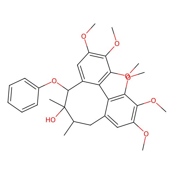 2D Structure of (8R,9R)-3,4,5,14,15,16-hexamethoxy-9,10-dimethyl-8-phenoxytricyclo[10.4.0.02,7]hexadeca-1(16),2,4,6,12,14-hexaen-9-ol