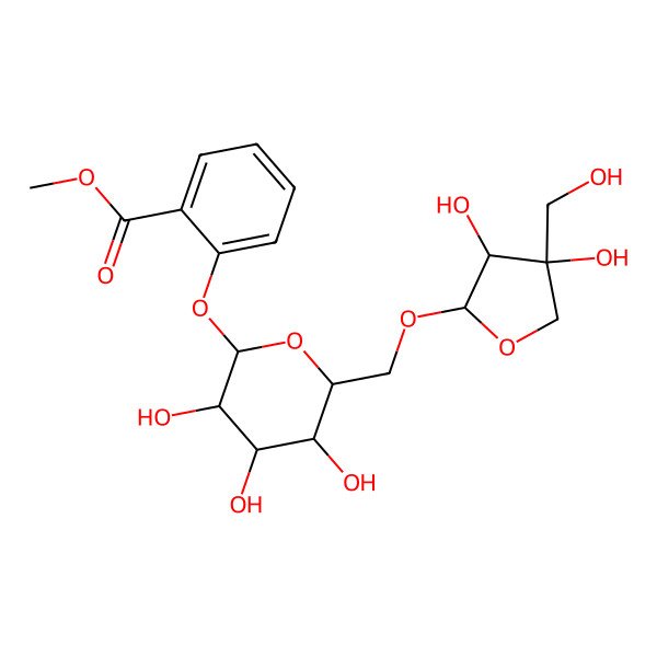2D Structure of methyl 2-[(2S,3R,4S,5S,6R)-6-[[(2R,3R)-3,4-dihydroxy-4-(hydroxymethyl)oxolan-2-yl]oxymethyl]-3,4,5-trihydroxyoxan-2-yl]oxybenzoate