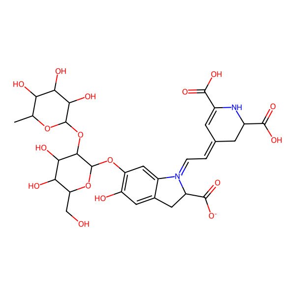 2D Structure of 1-[(2E)-2-[(2R)-2,6-dicarboxy-2,3-dihydro-1H-pyridin-4-ylidene]ethylidene]-6-[(2R,3R,4S,5S,6R)-4,5-dihydroxy-6-(hydroxymethyl)-3-[(2S,3R,4R,5S,6S)-3,4,5-trihydroxy-6-methyloxan-2-yl]oxyoxan-2-yl]oxy-5-hydroxy-2,3-dihydroindol-1-ium-2-carboxylate