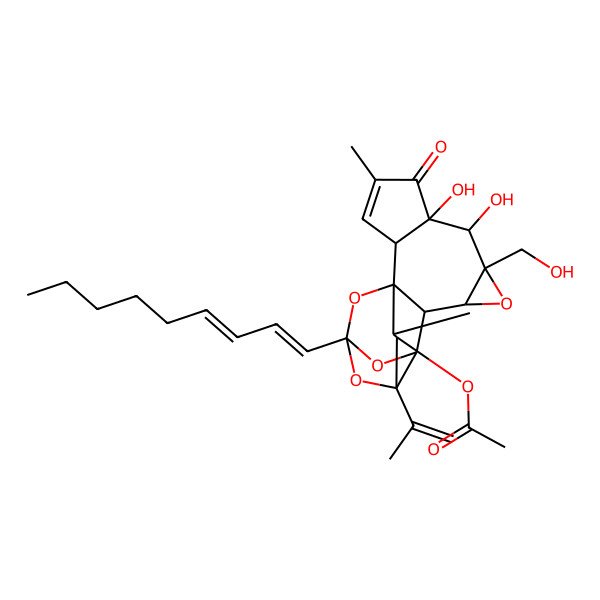 2D Structure of [(2R,6S,7S,8R,10S,11S,12R,14S,16S,17R,18R)-6,7-dihydroxy-8-(hydroxymethyl)-4,18-dimethyl-14-[(1E,3E)-nona-1,3-dienyl]-5-oxo-16-prop-1-en-2-yl-9,13,15,19-tetraoxahexacyclo[12.4.1.01,11.02,6.08,10.012,16]nonadec-3-en-17-yl] acetate