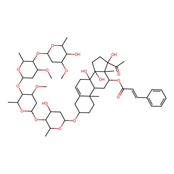 2D Structure of [(3S,8S,9R,10R,12R,13S,14R,17S)-17-acetyl-8,14,17-trihydroxy-3-[(2R,4S,5S,6R)-4-hydroxy-5-[(2S,4R,5R,6R)-5-[(2S,4R,5R,6R)-5-[(2S,4R,5R,6R)-5-hydroxy-4-methoxy-6-methyloxan-2-yl]oxy-4-methoxy-6-methyloxan-2-yl]oxy-4-methoxy-6-methyloxan-2-yl]oxy-6-methyloxan-2-yl]oxy-10,13-dimethyl-1,2,3,4,7,9,11,12,15,16-decahydrocyclopenta[a]phenanthren-12-yl] (E)-3-phenylprop-2-enoate