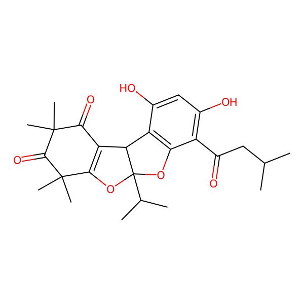 2D Structure of (5aS)-2,2,4,4-Tetramethyl-5abeta-isopropyl-7-(3-methylbutanoyl)-8,10-dihydroxy-1,2,3,4,5a,10bbeta-hexahydrobenzofuro[2,3-b]benzofuran-1,3-dione