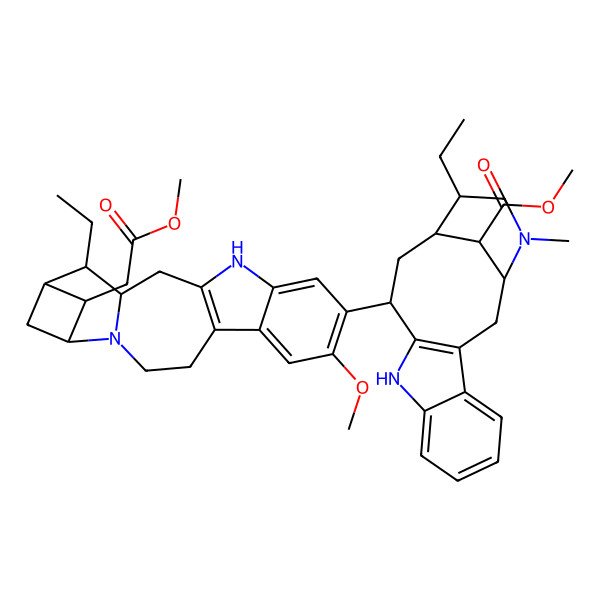 2D Structure of methyl (15S)-15-ethyl-12-[16-ethyl-8-methoxy-18-(2-methoxy-2-oxoethyl)-2,12-diazapentacyclo[15.1.1.02,15.05,13.06,11]nonadeca-5(13),6,8,10-tetraen-9-yl]-17-methyl-10,17-diazatetracyclo[12.3.1.03,11.04,9]octadeca-3(11),4,6,8-tetraene-18-carboxylate