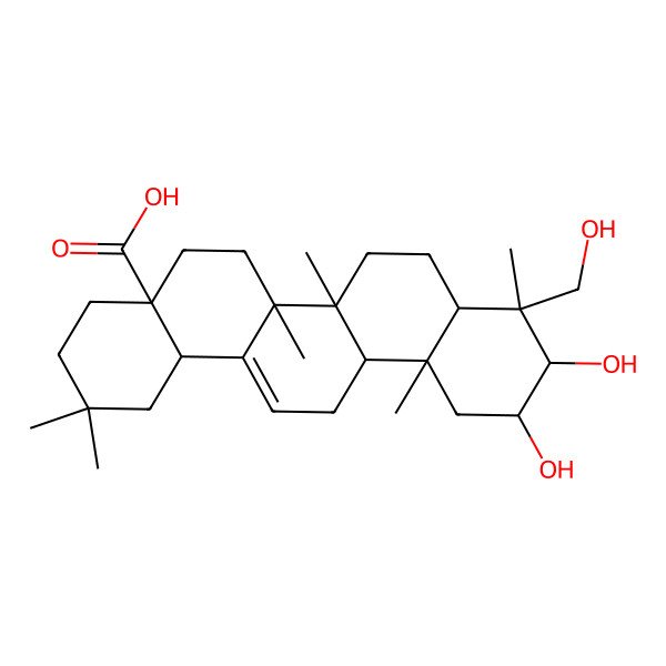 2D Structure of (4aS,6aR,6aS,6bR,8aS,9R,10S,11R,12aR,14bR)-10,11-dihydroxy-9-(hydroxymethyl)-2,2,6a,6b,9,12a-hexamethyl-1,3,4,5,6,6a,7,8,8a,10,11,12,13,14b-tetradecahydropicene-4a-carboxylic acid