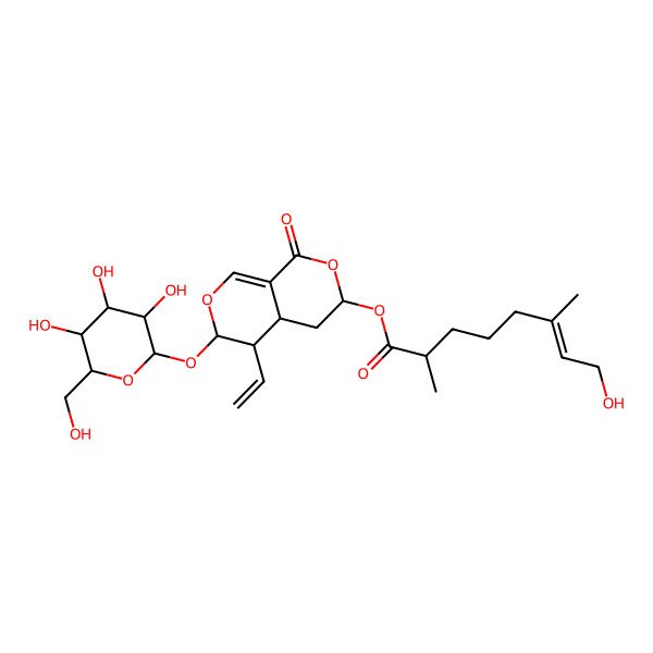 2D Structure of [5-ethenyl-1-oxo-6-[(2S,3R,4S,5S,6R)-3,4,5-trihydroxy-6-(hydroxymethyl)oxan-2-yl]oxy-4,4a,5,6-tetrahydro-3H-pyrano[3,4-c]pyran-3-yl] (Z,2S)-8-hydroxy-2,6-dimethyloct-6-enoate