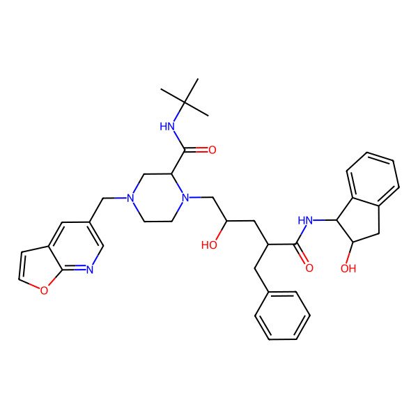 2D Structure of 1-Piperazinepentanamide, N-((1S,2R)-2,3-dihydro-2-hydroxy-1H-inden-1-yl)-2-(((1,1-dimethylethyl)amino)carbonyl)-4-(furo(2,3-b)pyridin-5-ylmethyl)-gamma-hydroxy-alpha-(phenylmethyl)-, (alphaR,gammaS,2S)-