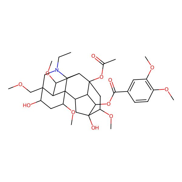 2D Structure of [(5S,6S,8R,13R,14R)-8-acetyloxy-11-ethyl-5,14-dihydroxy-6,16,18-trimethoxy-13-(methoxymethyl)-11-azahexacyclo[7.7.2.12,5.01,10.03,8.013,17]nonadecan-4-yl] 3,4-dimethoxybenzoate
