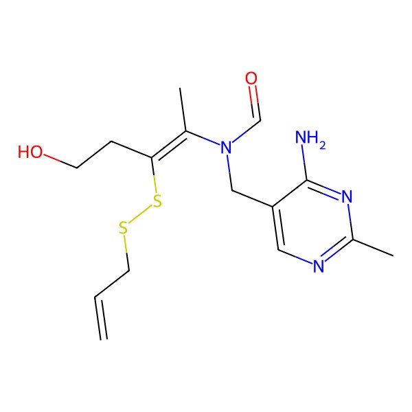 2D Structure of N-[(4-amino-2-methylpyrimidin-5-yl)methyl]-N-[(Z)-5-hydroxy-3-(prop-2-enyldisulfanyl)pent-2-en-2-yl]formamide