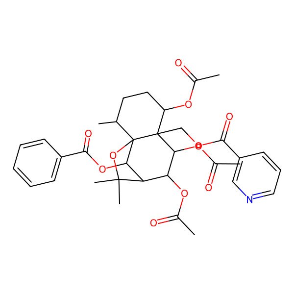 2D Structure of (5,7,8-Triacetyloxy-12-benzoyloxy-2,10,10-trimethyl-11-oxatricyclo[7.2.1.01,6]dodecan-6-yl)methyl pyridine-3-carboxylate