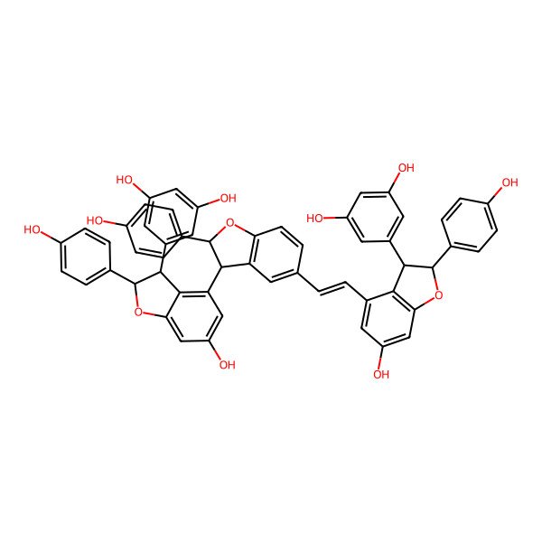 2D Structure of 5-[(2S,3S)-4-[(E)-2-[(3S)-3-[(3S)-3-(3,5-dihydroxyphenyl)-6-hydroxy-2-(4-hydroxyphenyl)-2,3-dihydro-1-benzofuran-4-yl]-2-(4-hydroxyphenyl)-2,3-dihydro-1-benzofuran-5-yl]ethenyl]-6-hydroxy-2-(4-hydroxyphenyl)-2,3-dihydro-1-benzofuran-3-yl]benzene-1,3-diol